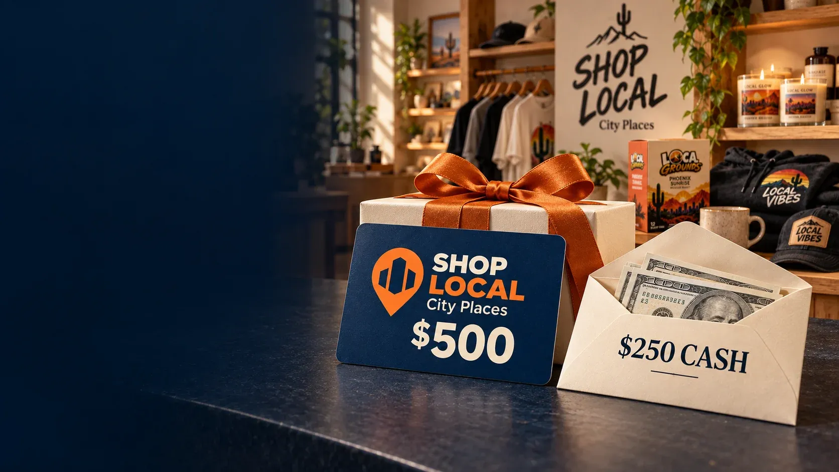 $500 SHOP LOCAL Utah Places gift card and $250 cash envelope in front of a SHOP LOCAL store and product display.